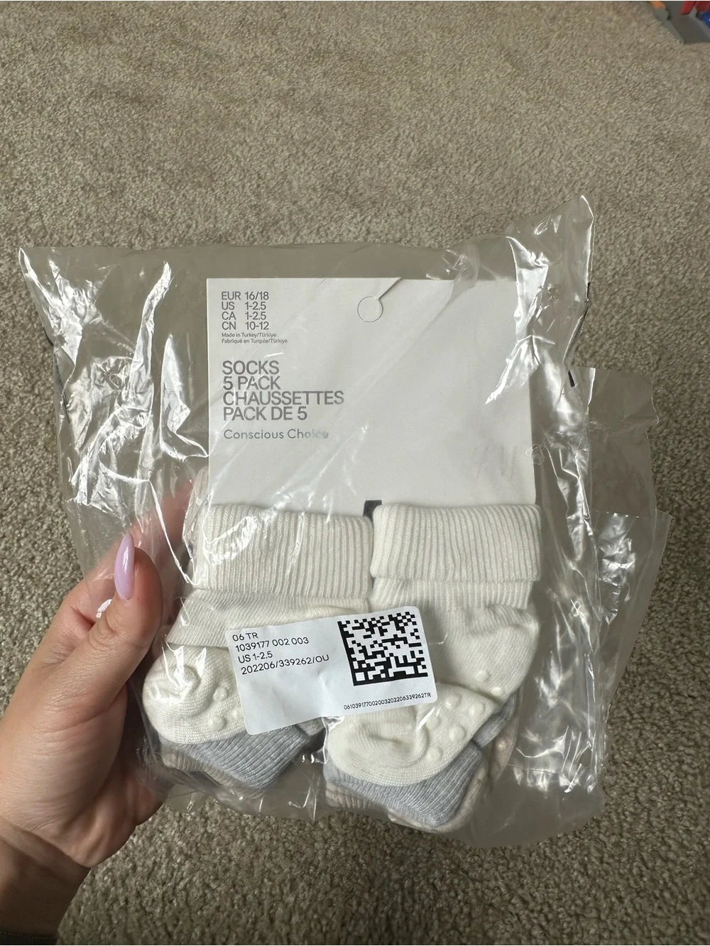 NEW H&M Baby Non-Slip Socks 5-Pack | White & Gray Organic Cotton, 12-24 months